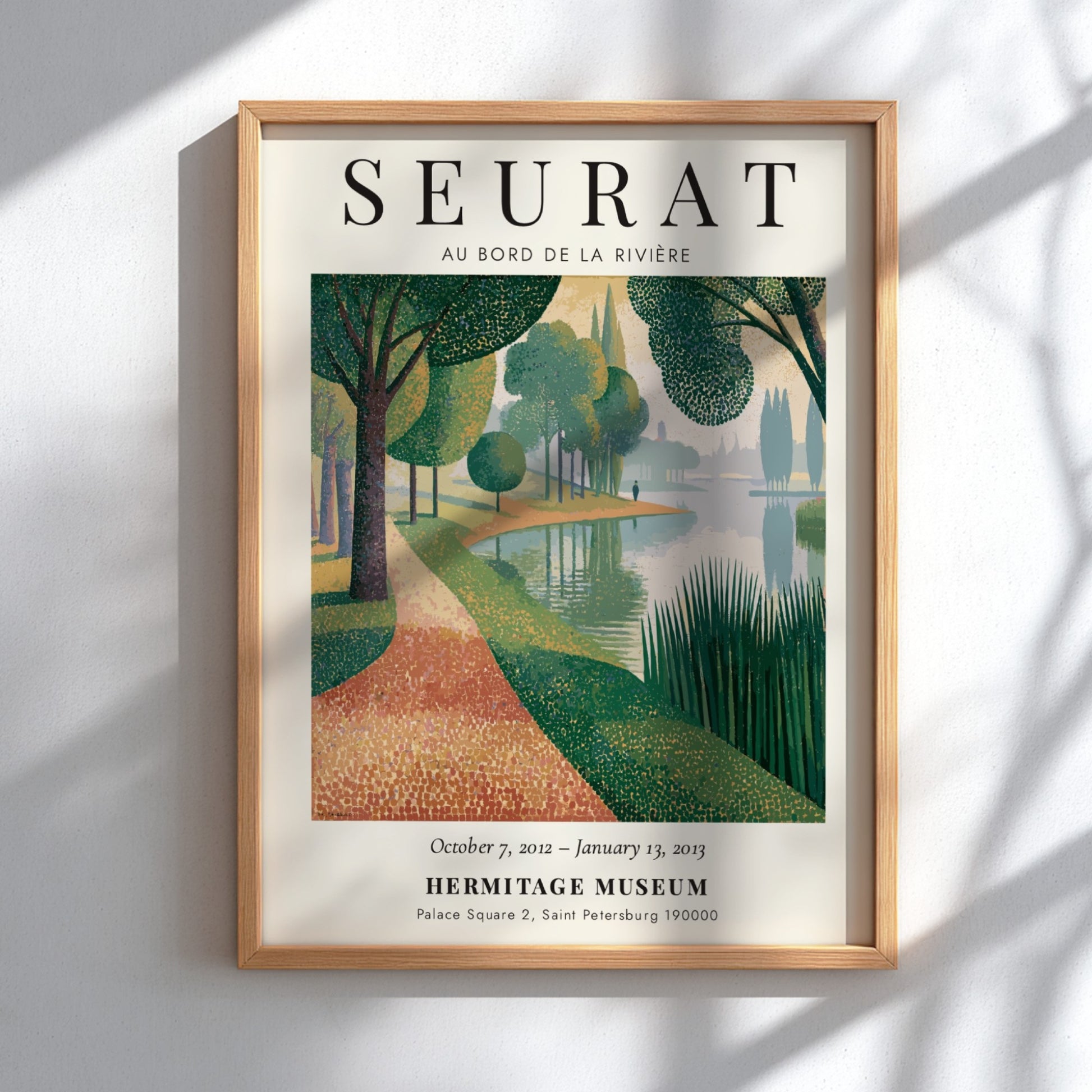Exhibition poster featuring Au Bord de la Rivière by Seurat, showcasing a serene riverside scene with soft