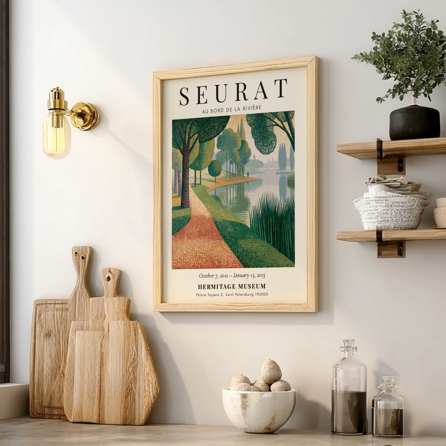 Exhibition poster featuring Au Bord de la Rivière by Seurat, showcasing a serene riverside scene with soft