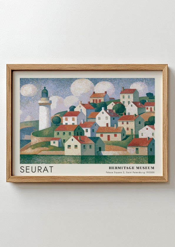 Wall art poster featuring a Seurat coastal village scene with a lighthouse and clouds.