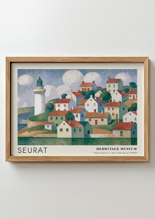 Wall art poster featuring a Seurat coastal village scene with a lighthouse and clouds.