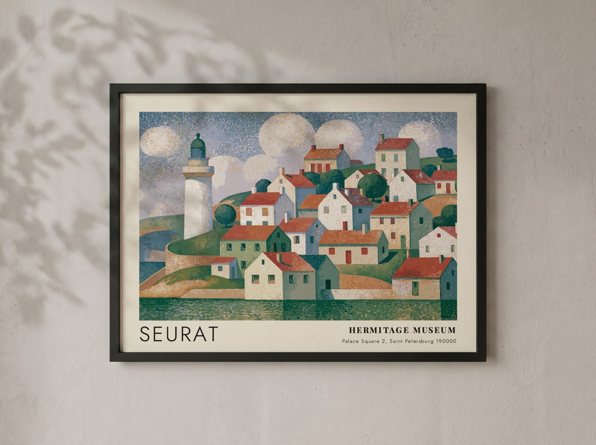 Wall art poster featuring a Seurat coastal village scene with a lighthouse and clouds.