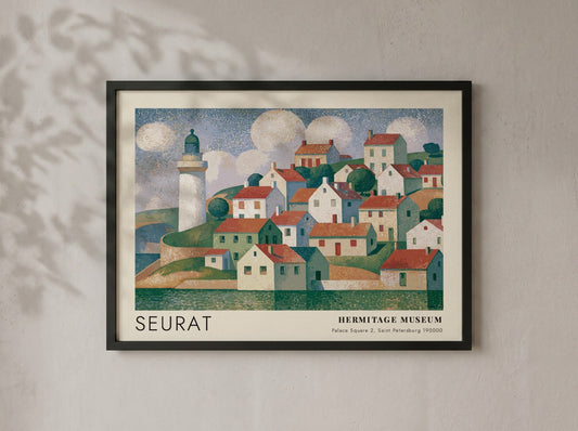 Wall art poster featuring a Seurat coastal village scene with a lighthouse and clouds.