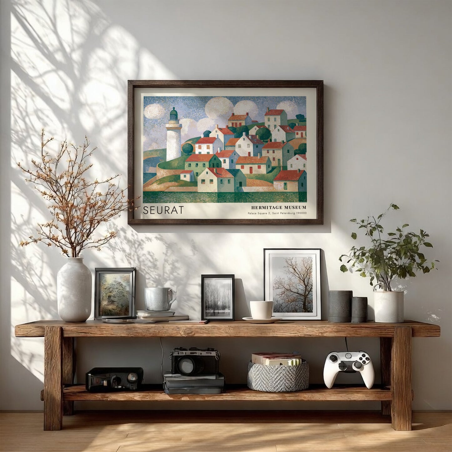 Wall art poster featuring a Seurat coastal village scene with a lighthouse and clouds.