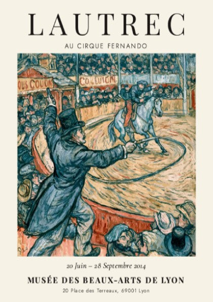 Toulouse-Lautrec poster featuring Au Cirque Fernando with vibrant colors and circus scene
