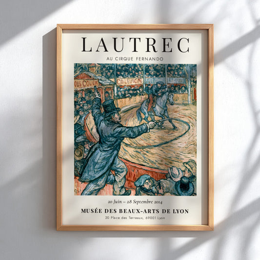 Toulouse-Lautrec poster featuring Au Cirque Fernando with vibrant colors and circus scene
