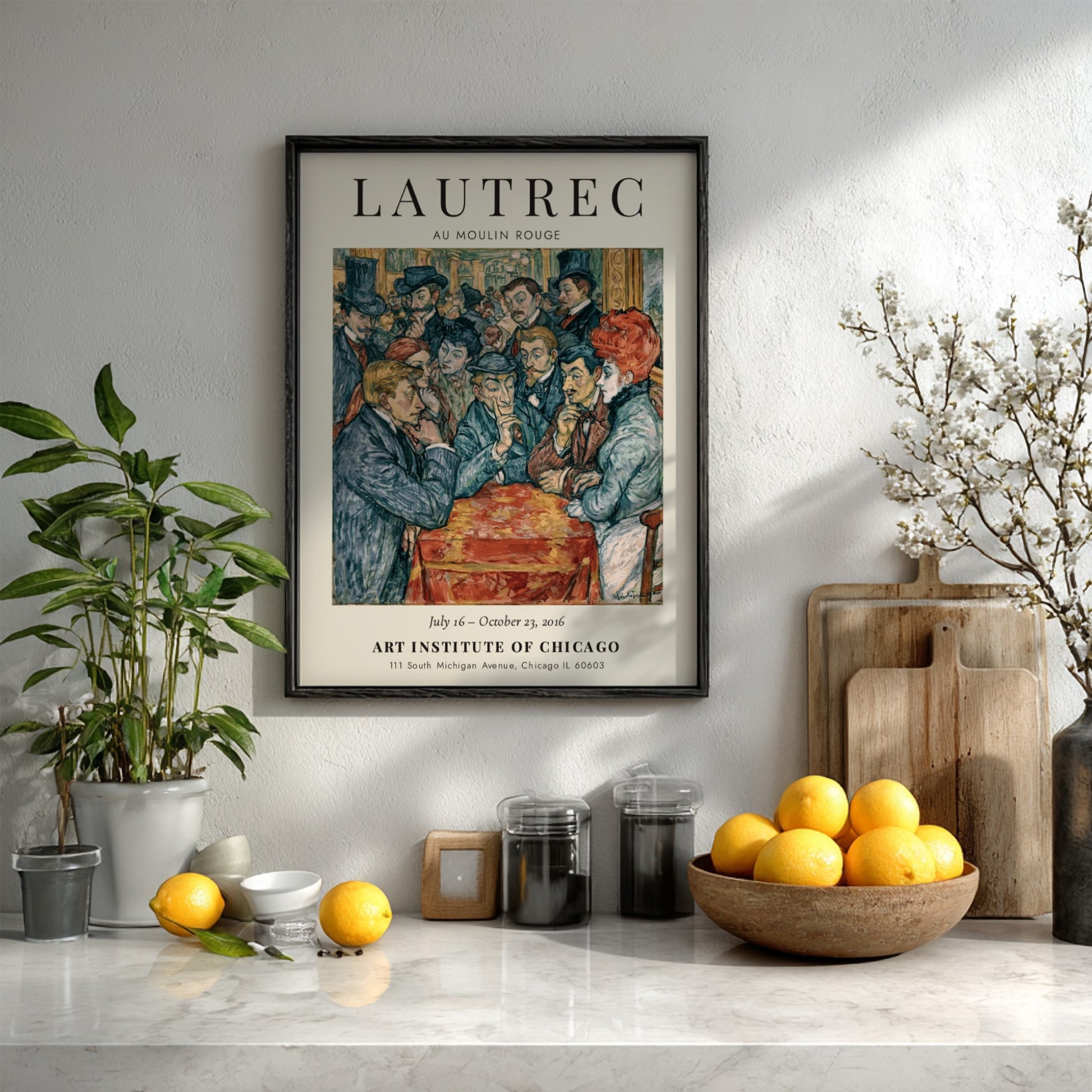 Toulouse-Lautrec poster featuring Au Moulin Rouge with vibrant colors and lively Parisian nightlife scene