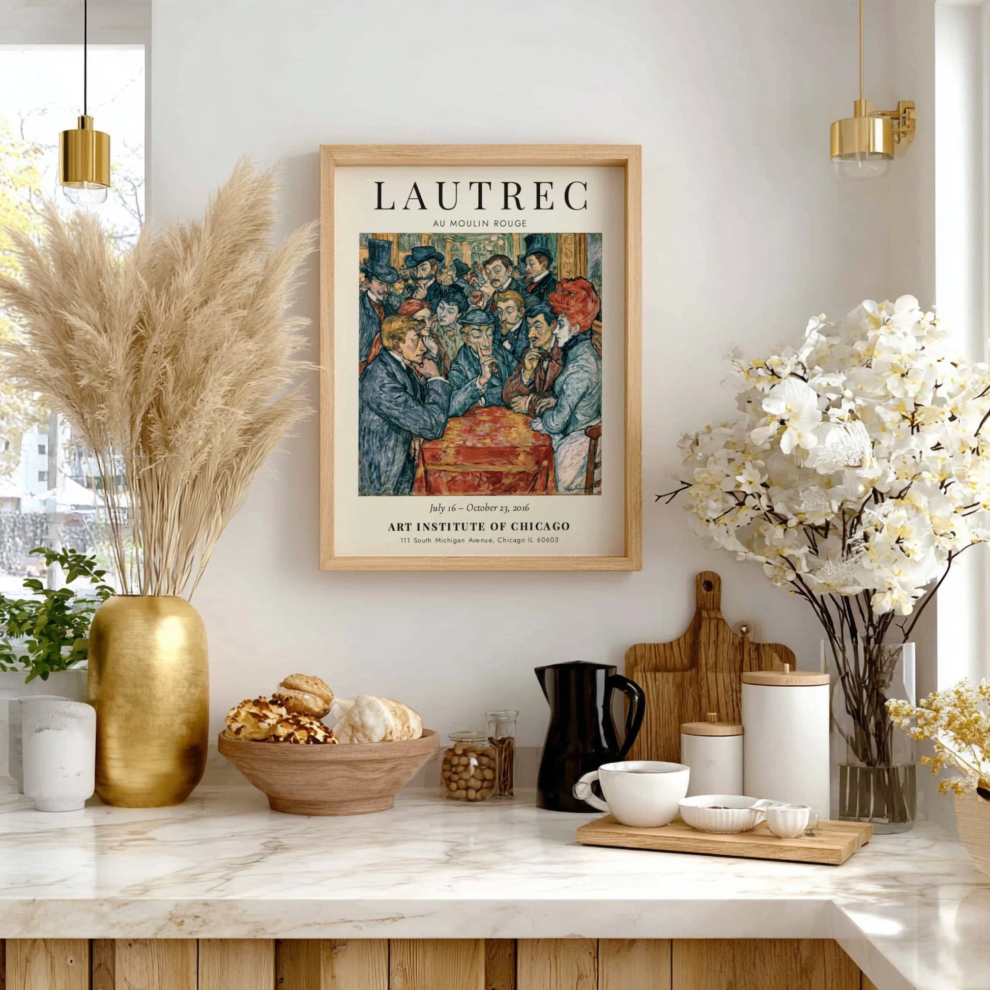 Toulouse-Lautrec poster featuring Au Moulin Rouge with vibrant colors and lively Parisian nightlife scene