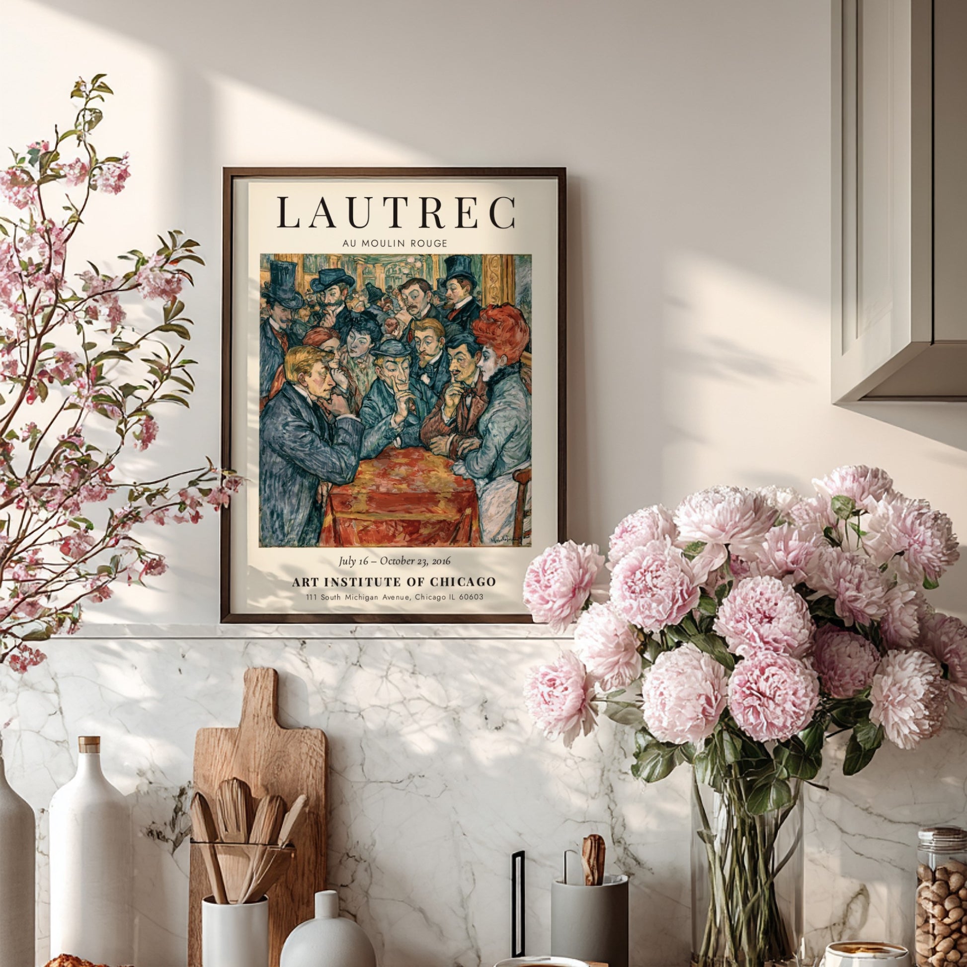 Toulouse-Lautrec poster featuring Au Moulin Rouge with vibrant colors and lively Parisian nightlife scene