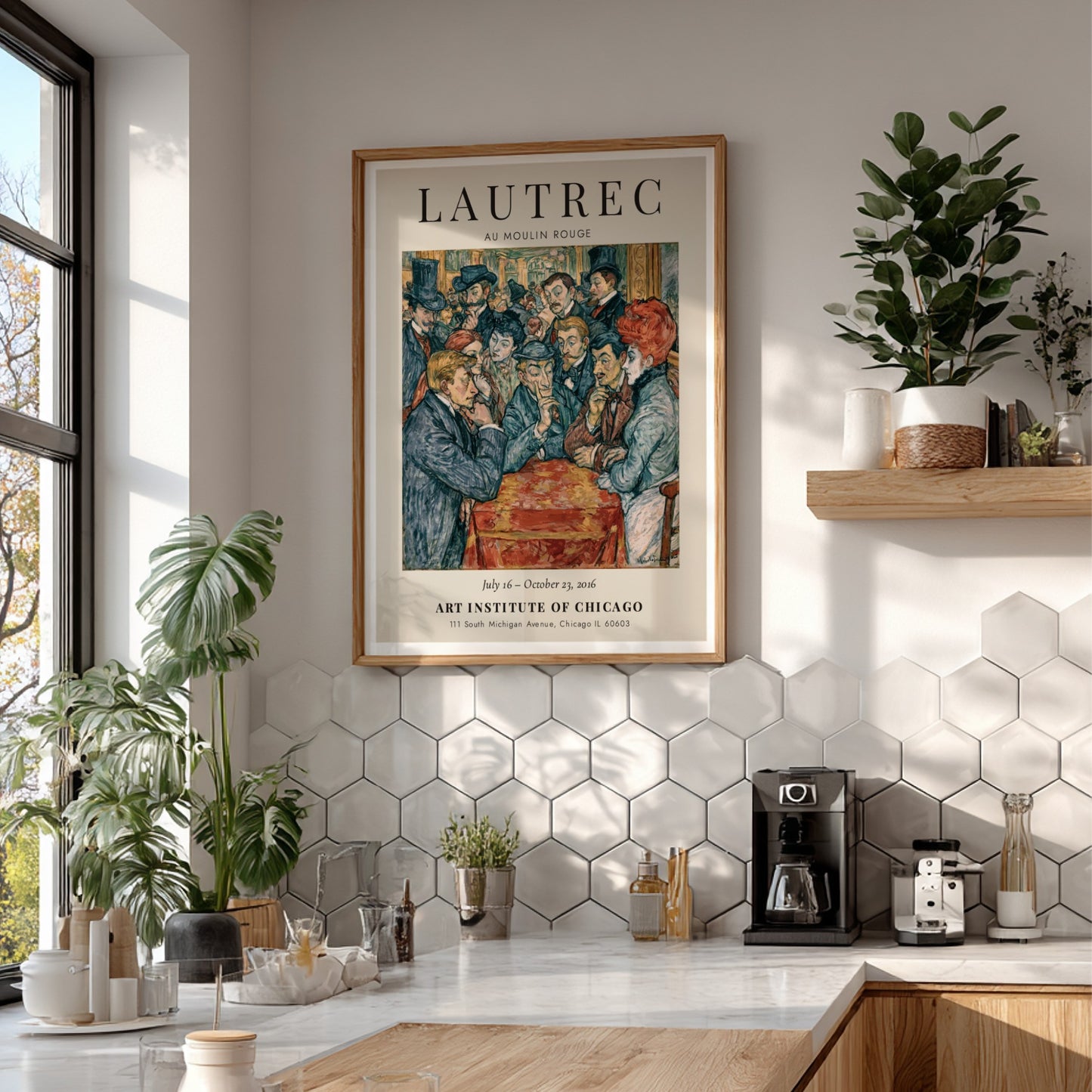 Toulouse-Lautrec poster featuring Au Moulin Rouge with vibrant colors and lively Parisian nightlife scene