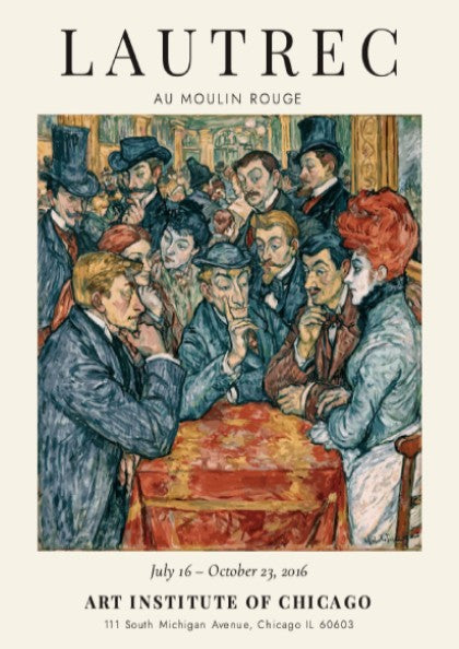 Toulouse-Lautrec poster featuring Au Moulin Rouge with vibrant colors and lively Parisian nightlife scene