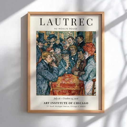 Toulouse-Lautrec poster featuring Au Moulin Rouge with vibrant colors and lively Parisian nightlife scene