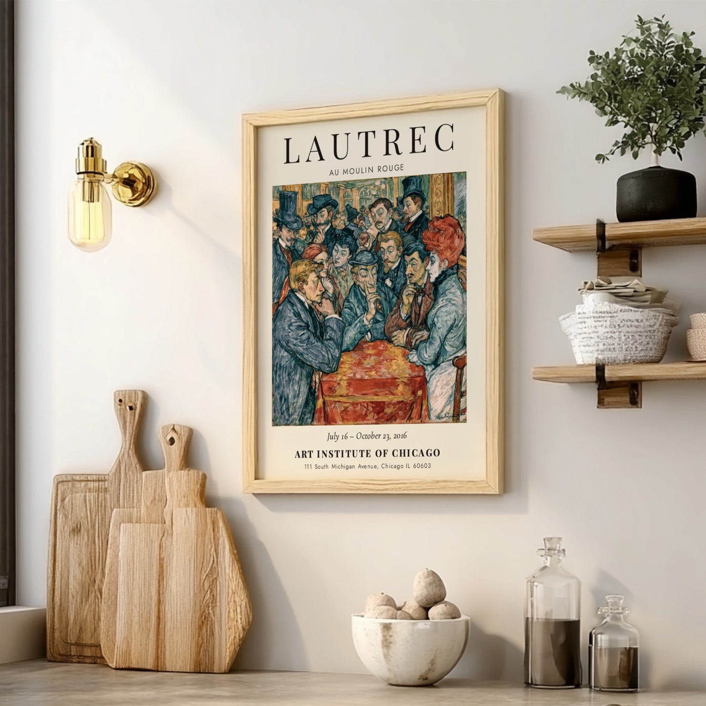 Toulouse-Lautrec poster featuring Au Moulin Rouge with vibrant colors and lively Parisian nightlife scene