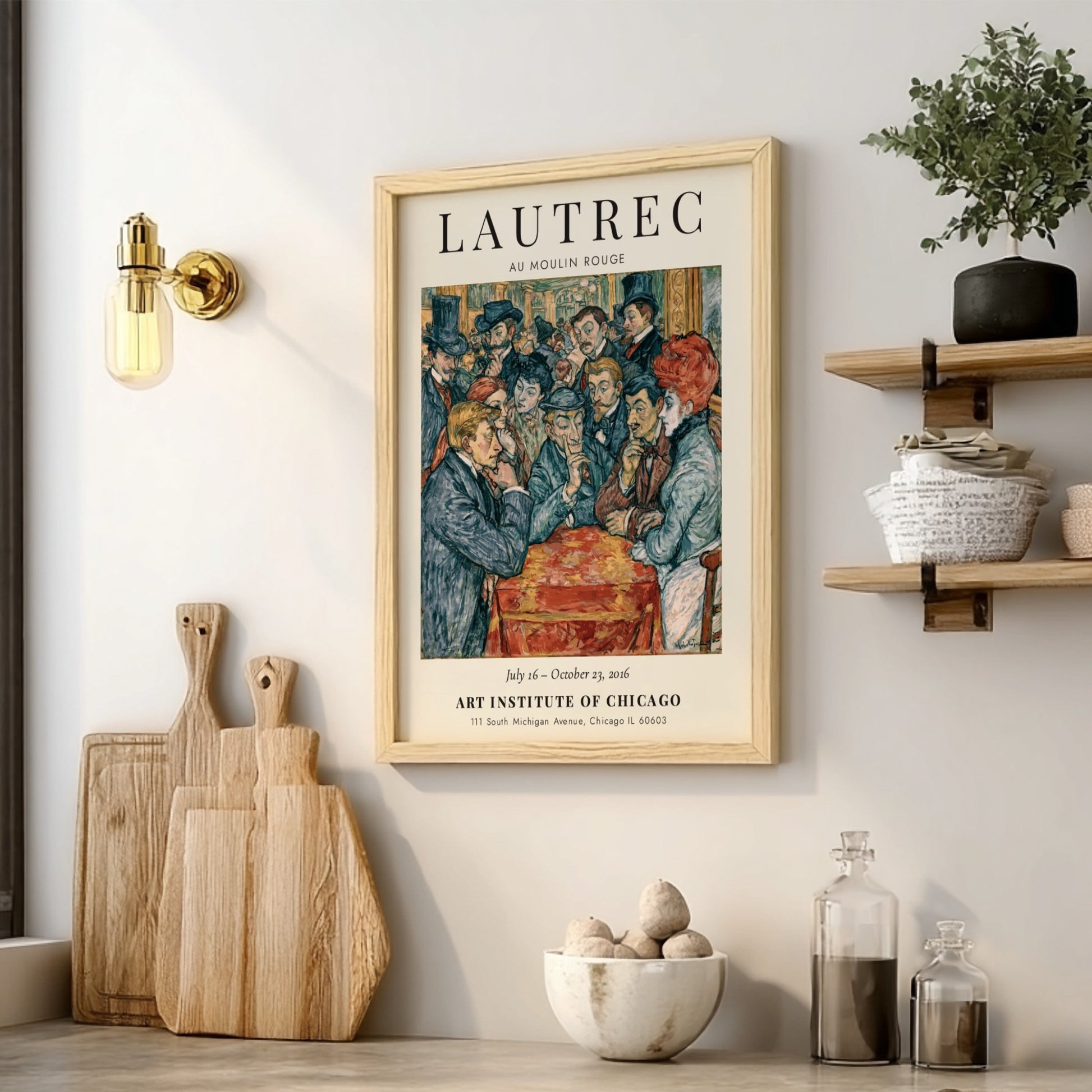Toulouse-Lautrec poster featuring Au Moulin Rouge with vibrant colors and lively Parisian nightlife scene
