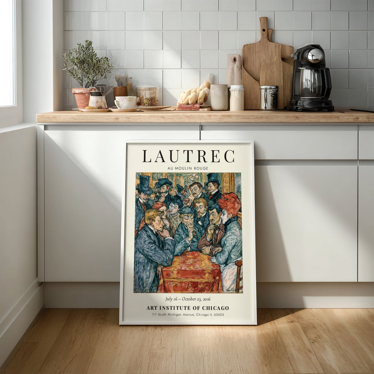 Toulouse-Lautrec poster featuring Au Moulin Rouge with vibrant colors and lively Parisian nightlife scene