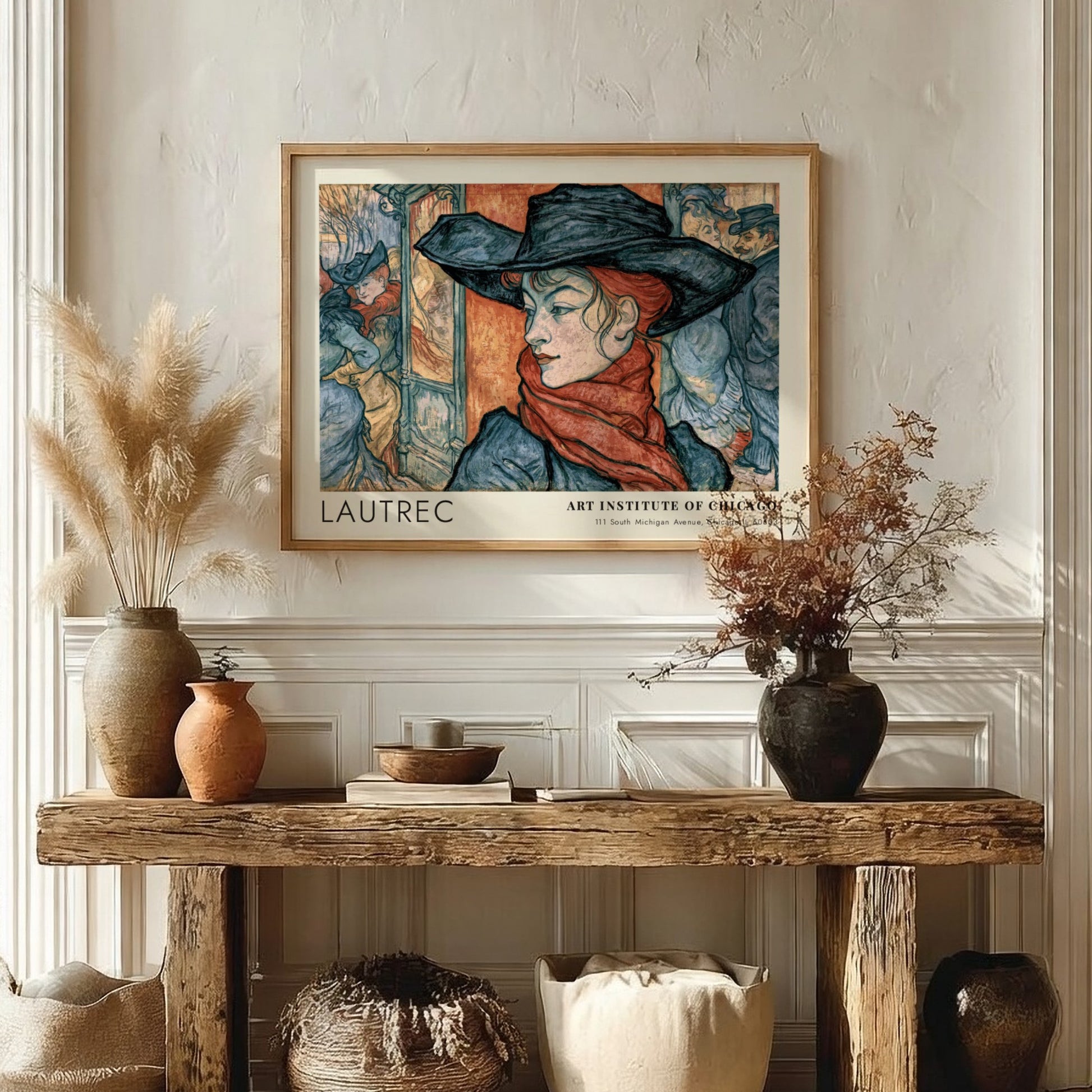 Wall art poster of Toulouse-Lautrec Au Moulin Rouge design with a woman wearing hat