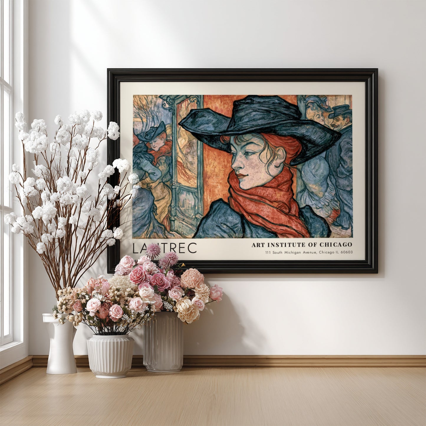 Wall art poster of Toulouse-Lautrec Au Moulin Rouge design with a woman wearing hat
