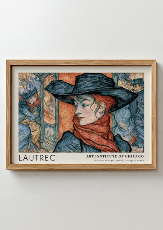 Wall art poster of Toulouse-Lautrec Au Moulin Rouge design with a woman wearing hat