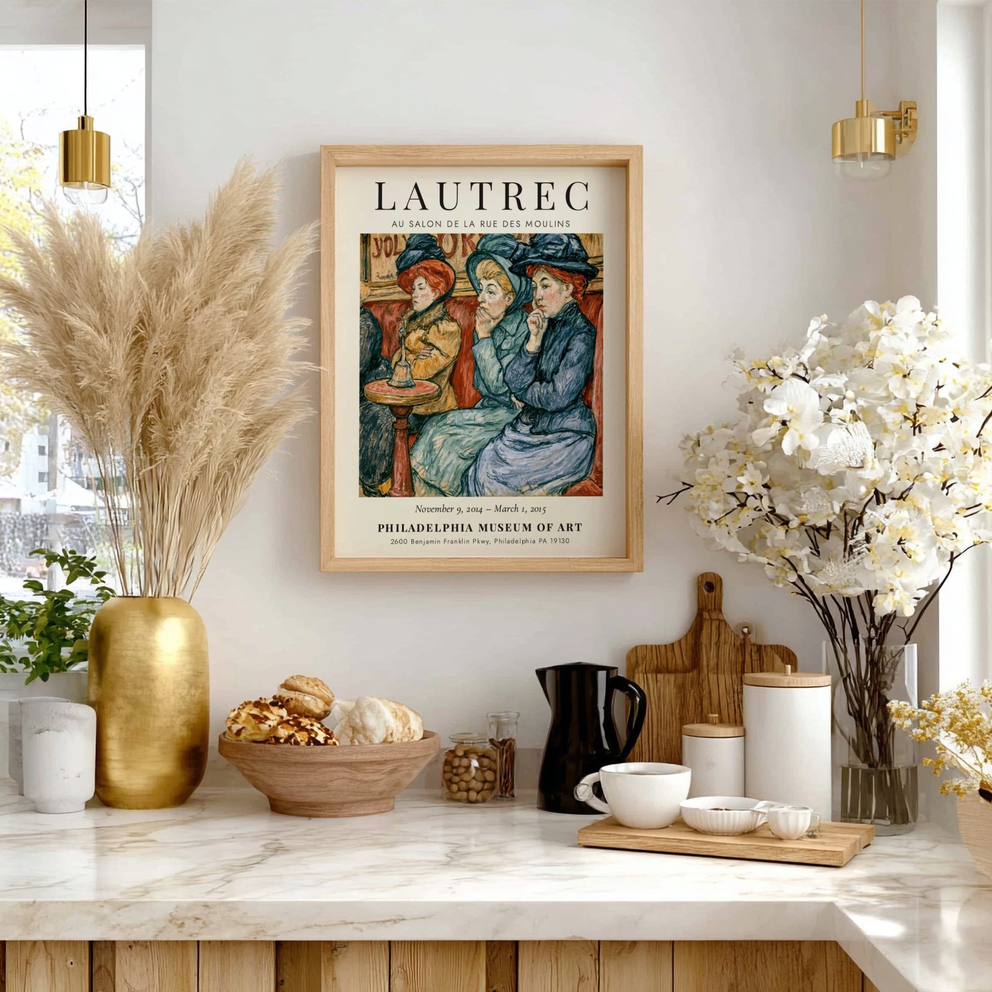 Toulouse-Lautrec poster featuring Au Salon de la Rue des Moulins with vibrant colors and elegant figures