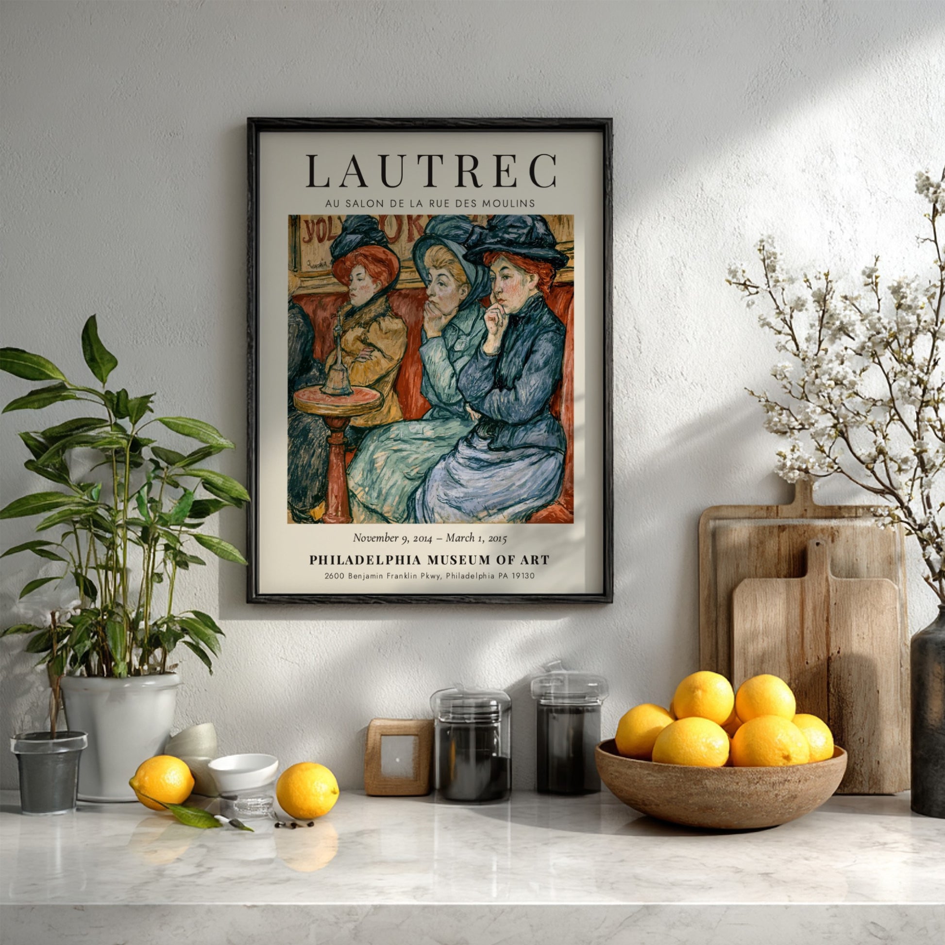 Toulouse-Lautrec poster featuring Au Salon de la Rue des Moulins with vibrant colors and elegant figures