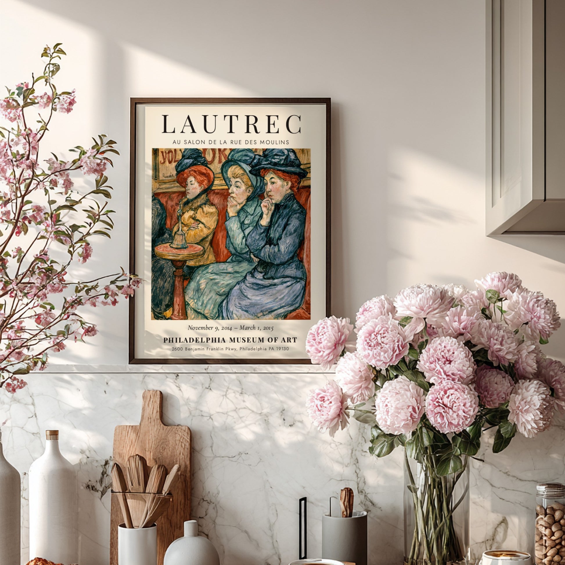 Toulouse-Lautrec poster featuring Au Salon de la Rue des Moulins with vibrant colors and elegant figures