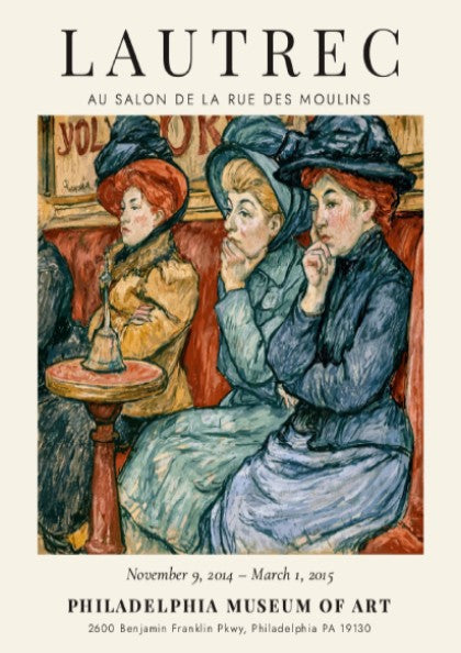 Toulouse-Lautrec poster featuring Au Salon de la Rue des Moulins with vibrant colors and elegant figures