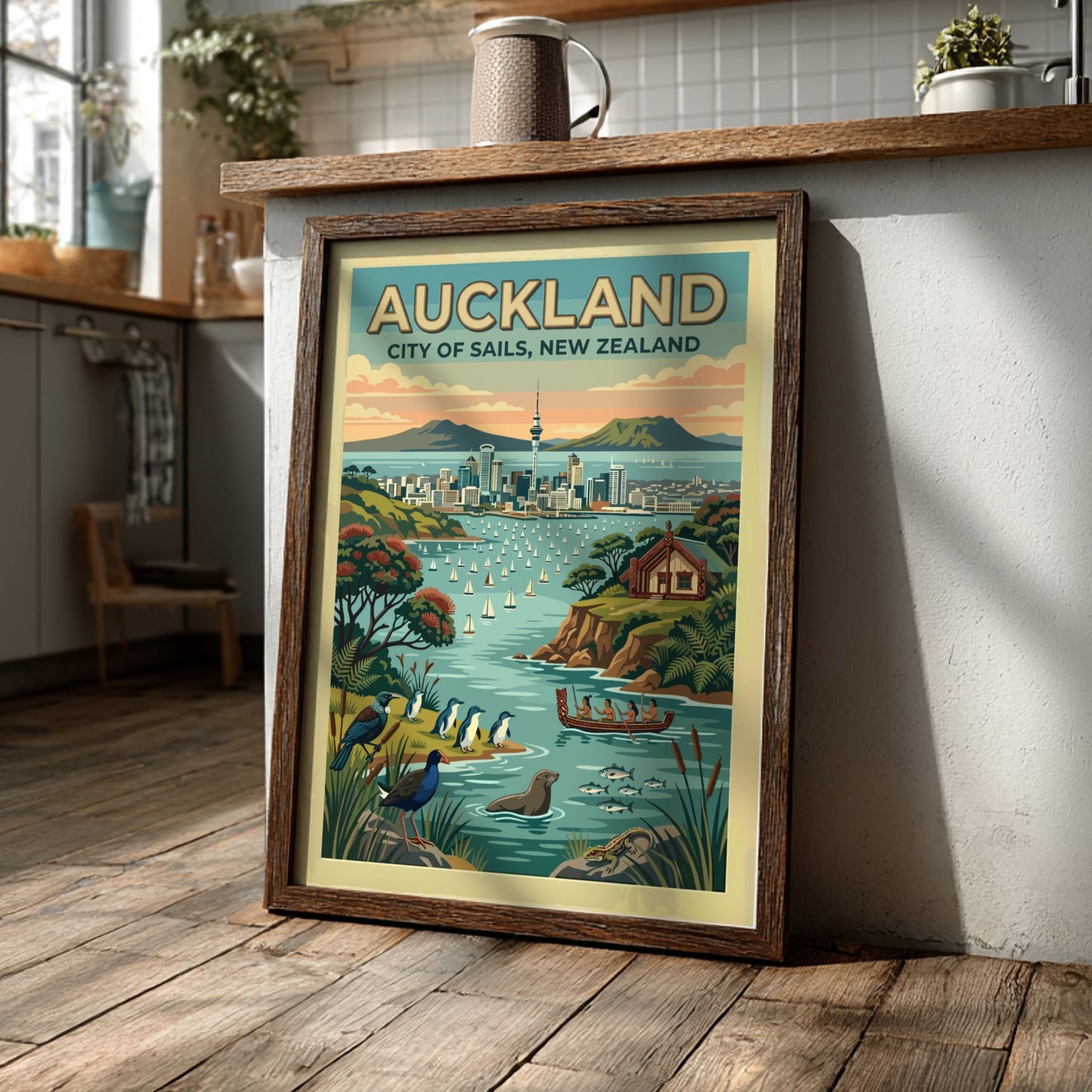 Auckland City of Sails travel poster featuring the Sky Tower and harbour wildlife.