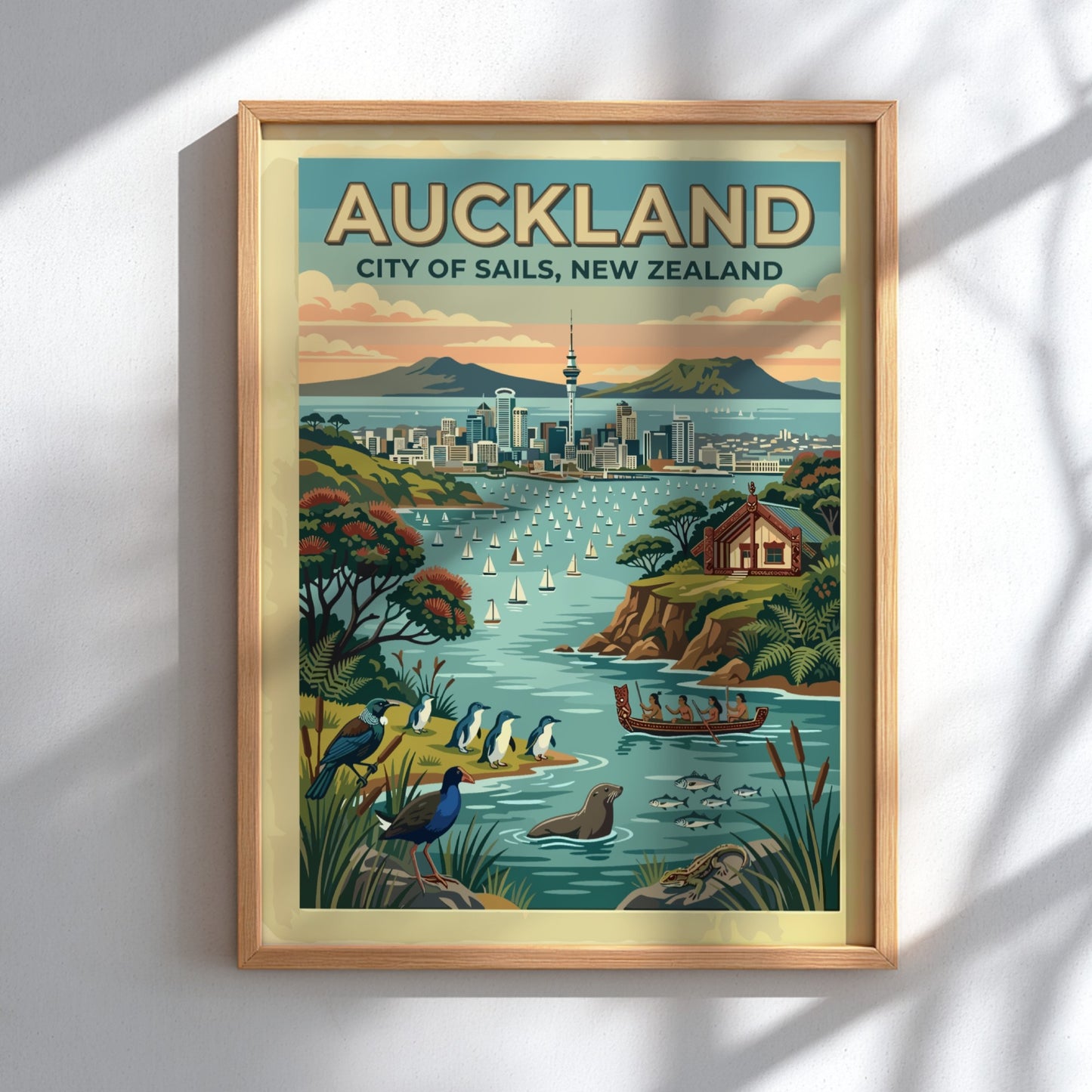 Auckland City of Sails travel poster featuring the Sky Tower and harbour wildlife.