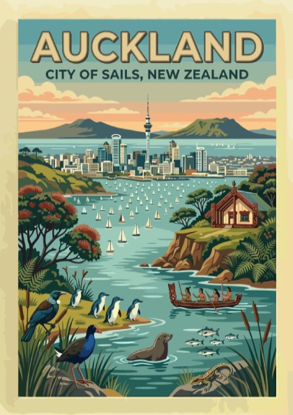 Auckland City of Sails travel poster featuring the Sky Tower and harbour wildlife.