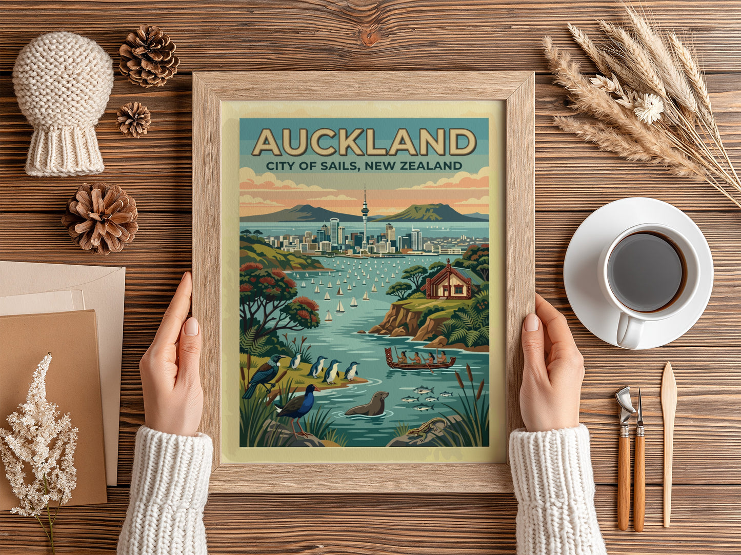 Auckland City of Sails travel poster featuring the Sky Tower and harbour wildlife.