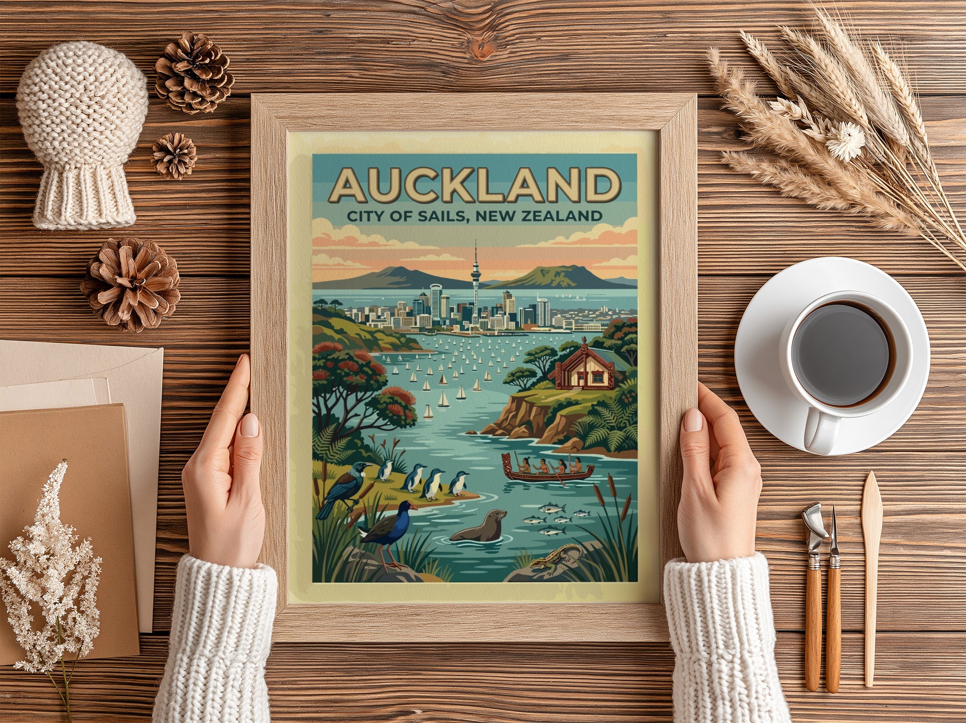 Auckland City of Sails travel poster featuring the Sky Tower and harbour wildlife.