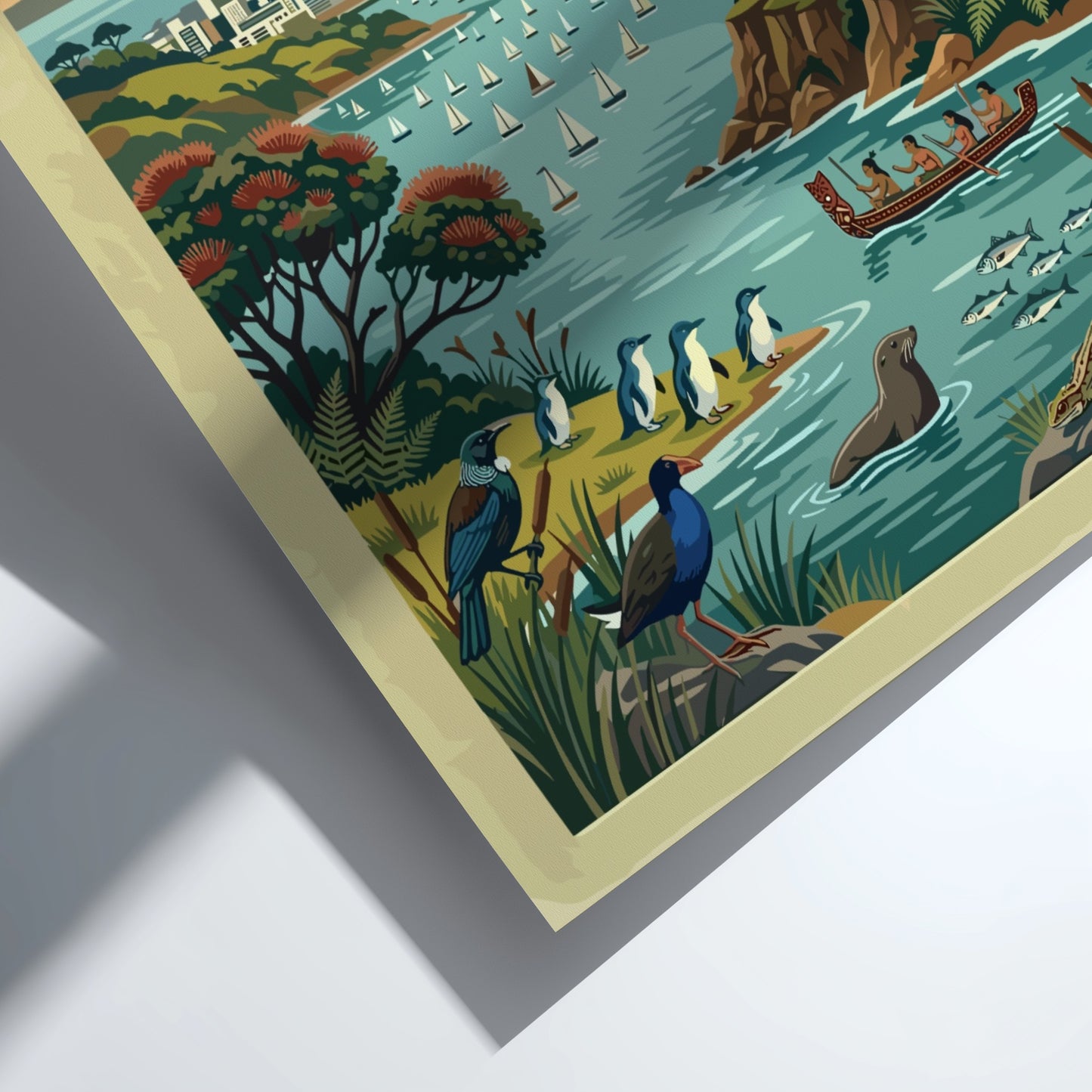 Auckland City of Sails travel poster featuring the Sky Tower and harbour wildlife.