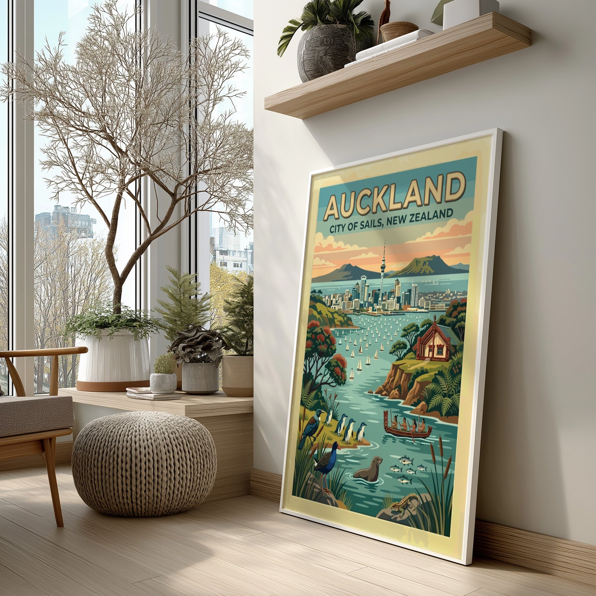 Auckland City of Sails travel poster featuring the Sky Tower and harbour wildlife.