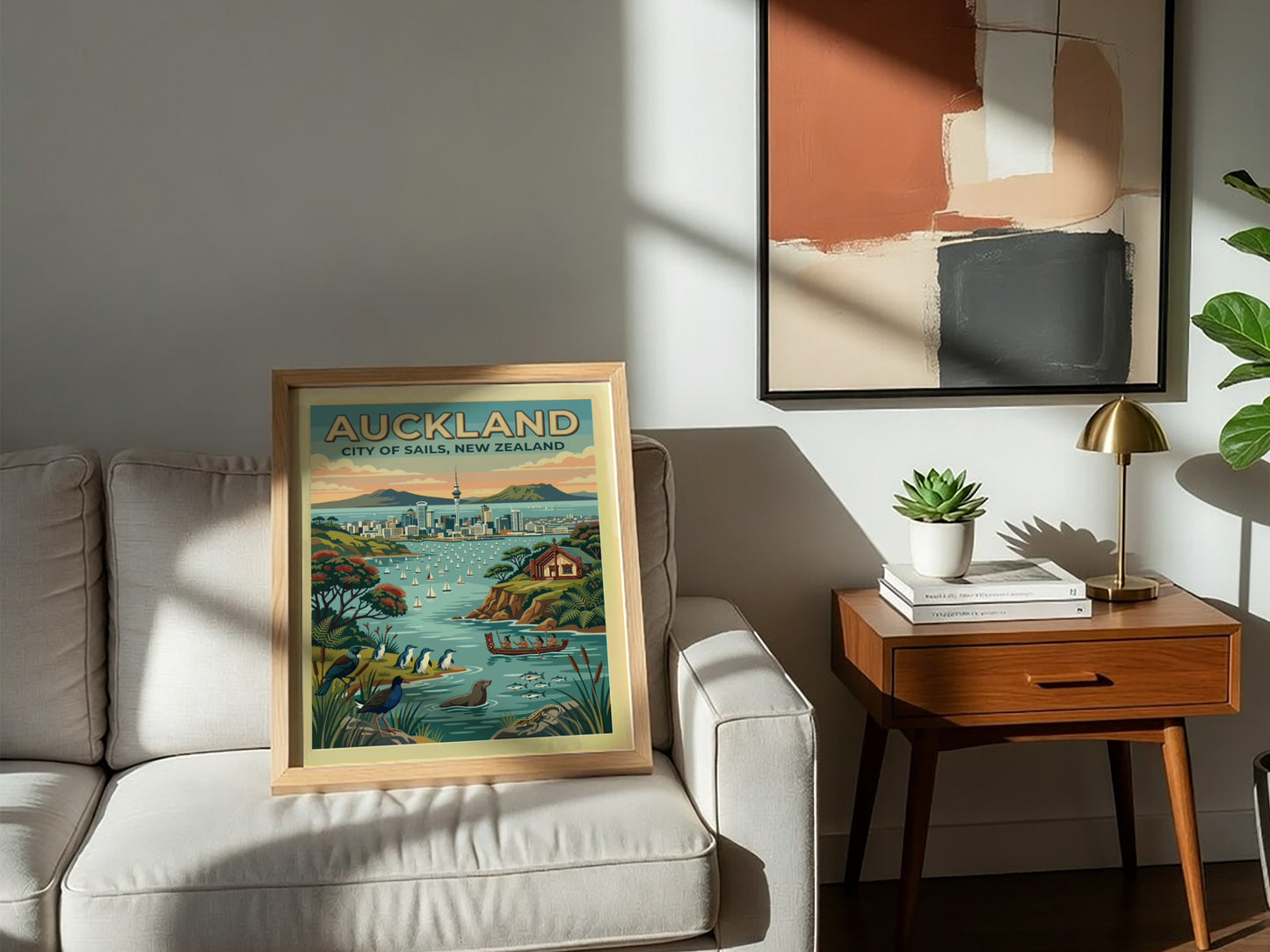 Auckland City of Sails travel poster featuring the Sky Tower and harbour wildlife.