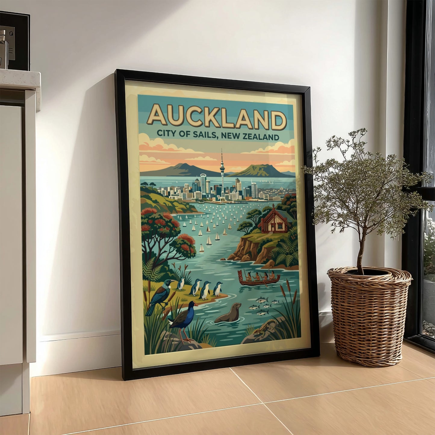 Auckland City of Sails travel poster featuring the Sky Tower and harbour wildlife.