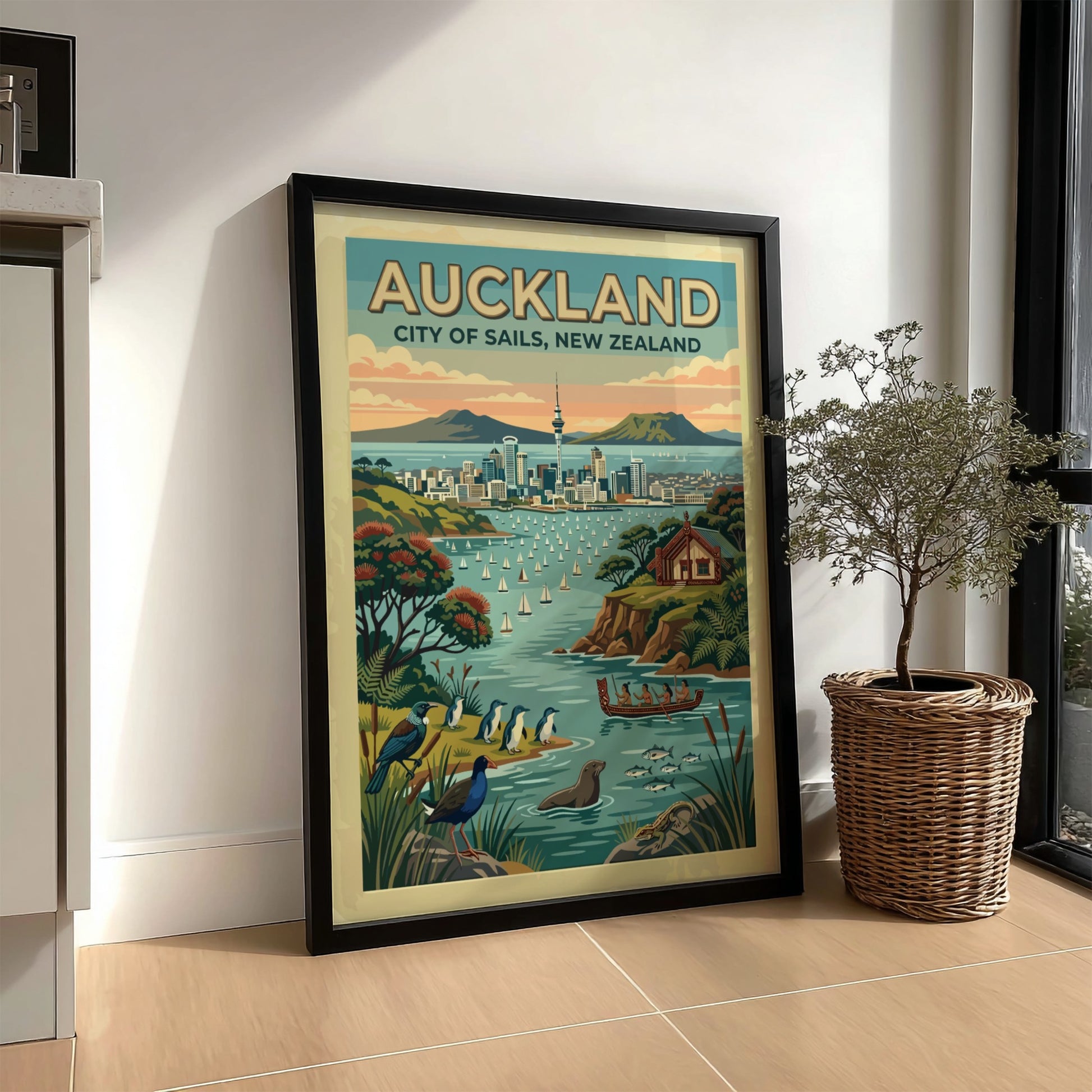Auckland City of Sails travel poster featuring the Sky Tower and harbour wildlife.