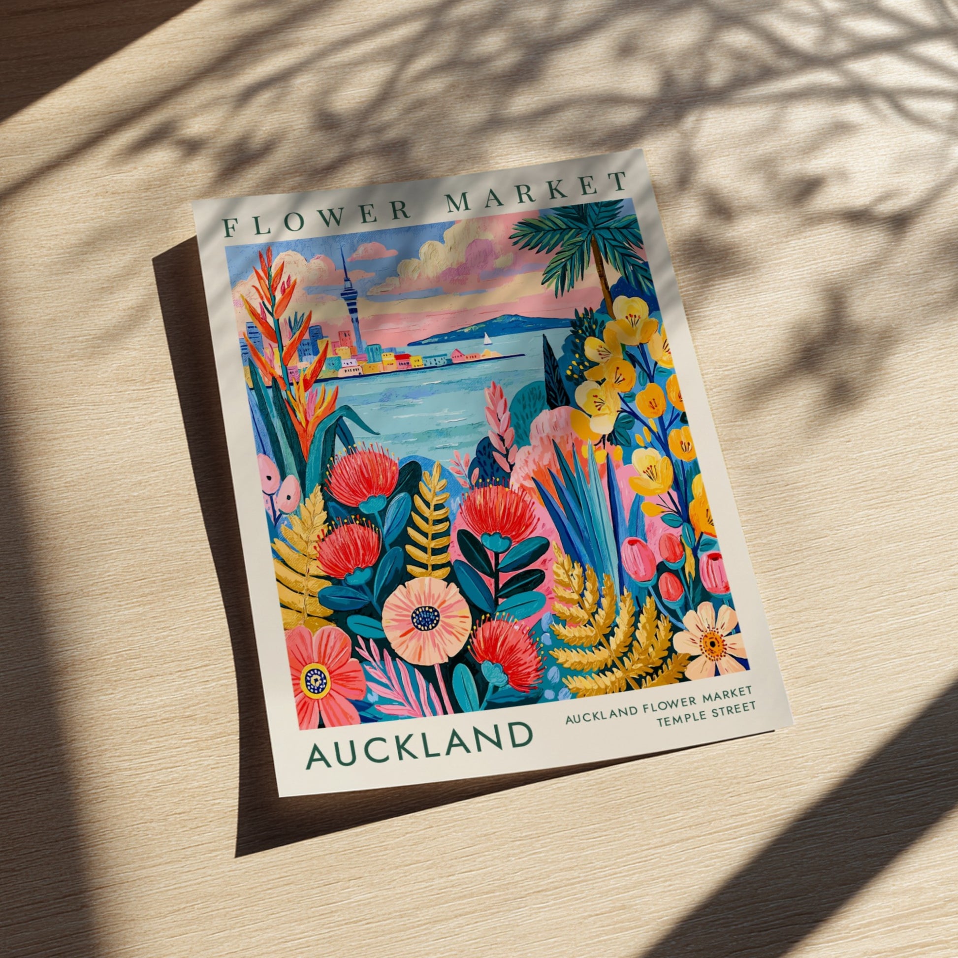 Flower market poster showcasing vibrant florals and Auckland skyline in colorful art style