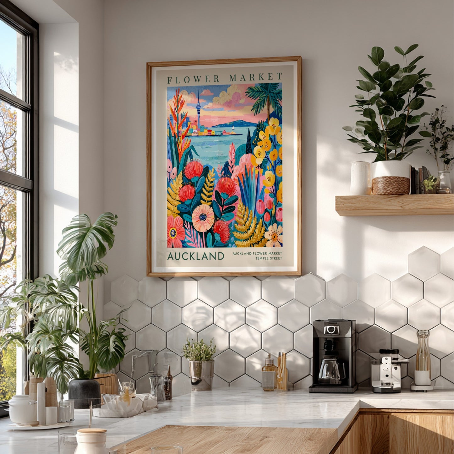 Flower market poster showcasing vibrant florals and Auckland skyline in colorful art style