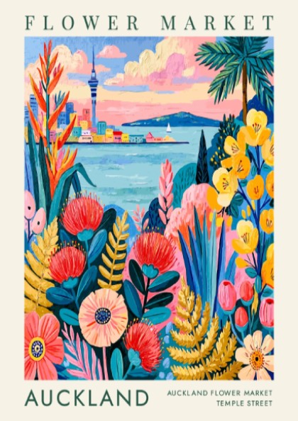 Flower market poster showcasing vibrant florals and Auckland skyline in colorful art style