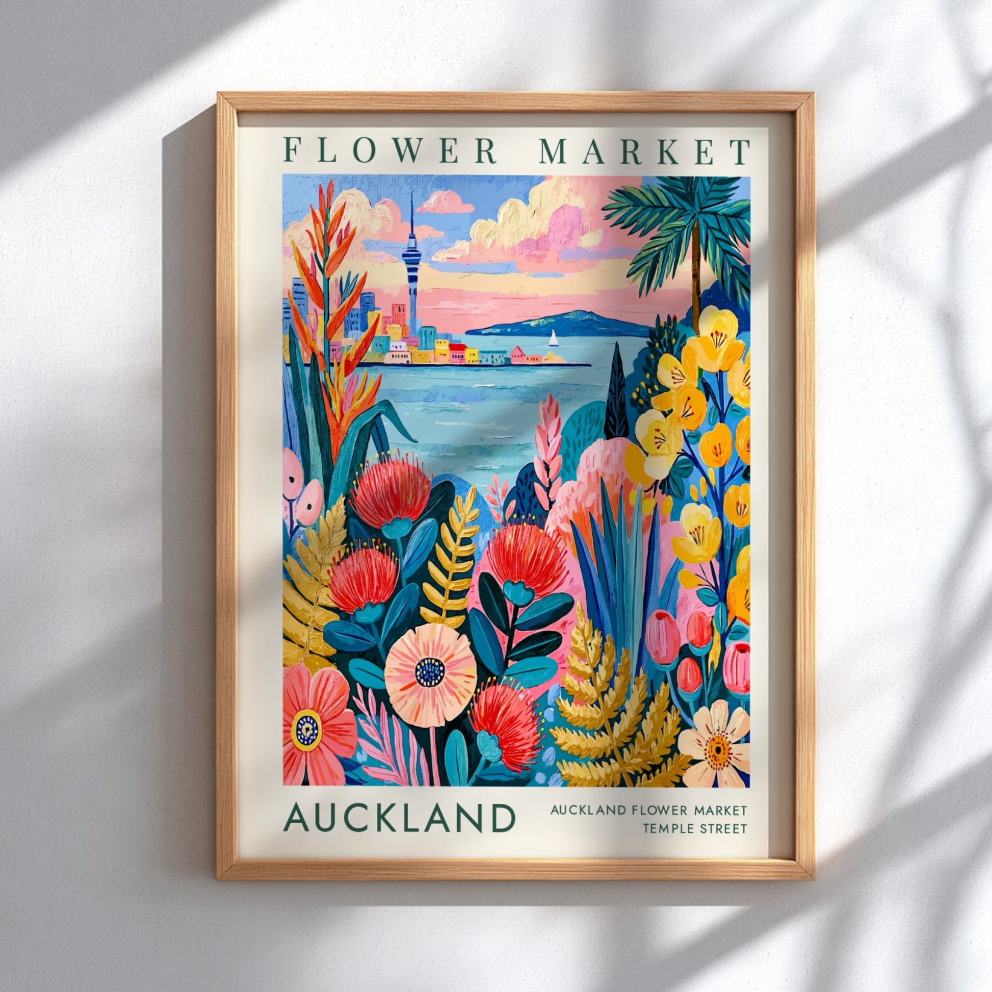 Flower market poster showcasing vibrant florals and Auckland skyline in colorful art style