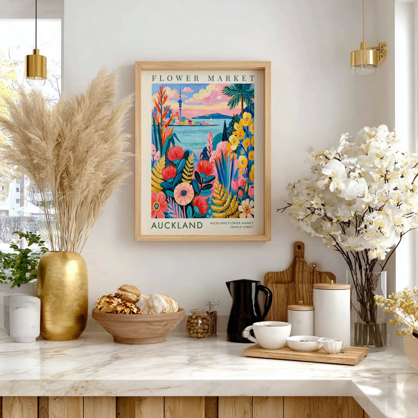 Flower market poster showcasing vibrant florals and Auckland skyline in colorful art style