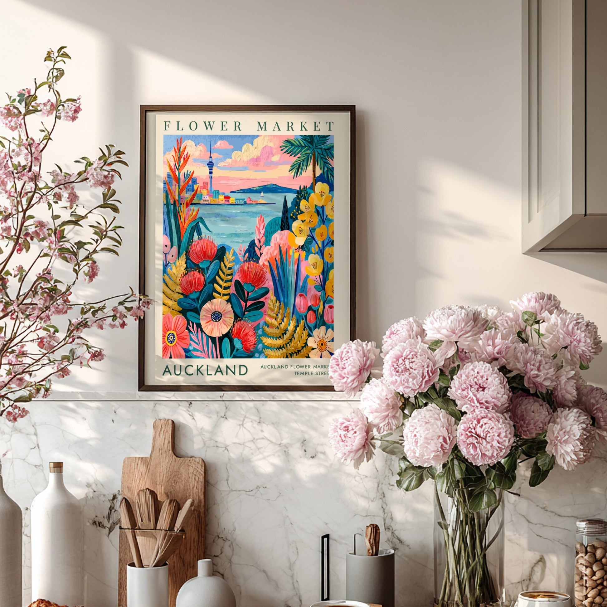 Flower market poster showcasing vibrant florals and Auckland skyline in colorful art style