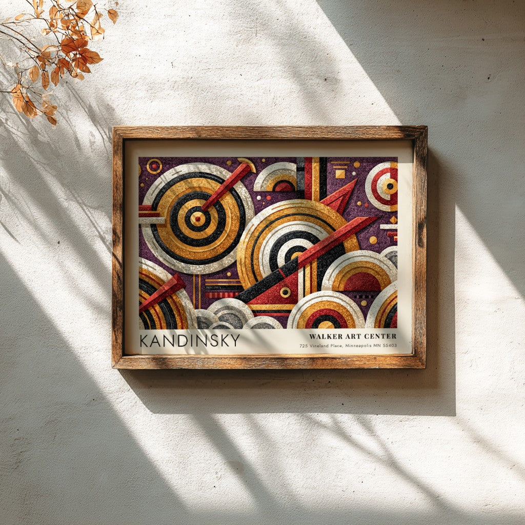 Wall art poster featuring Kandinsky's Auf Weiss II geometric abstract design in gold purple