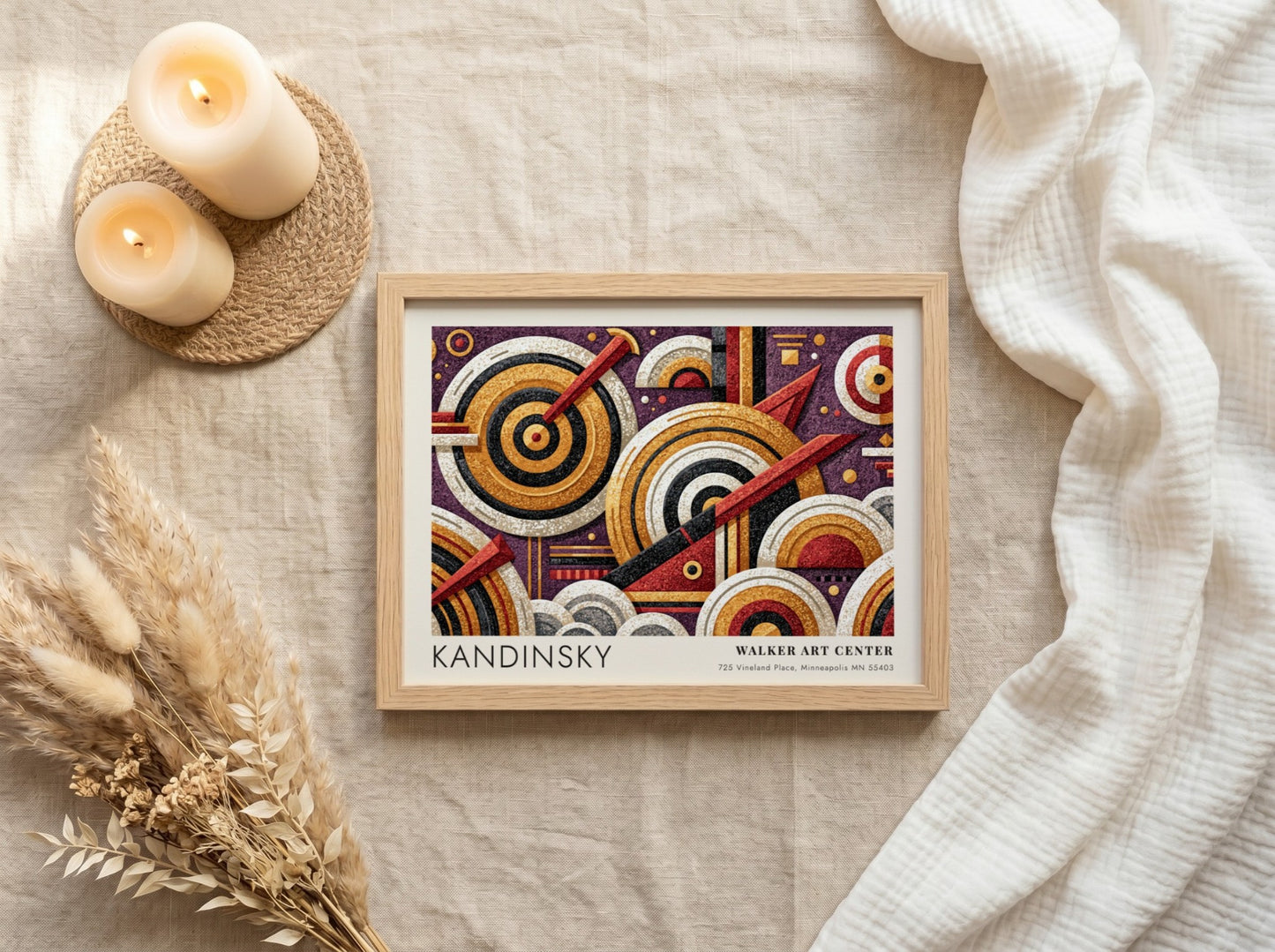 Wall art poster featuring Kandinsky's Auf Weiss II geometric abstract design in gold purple