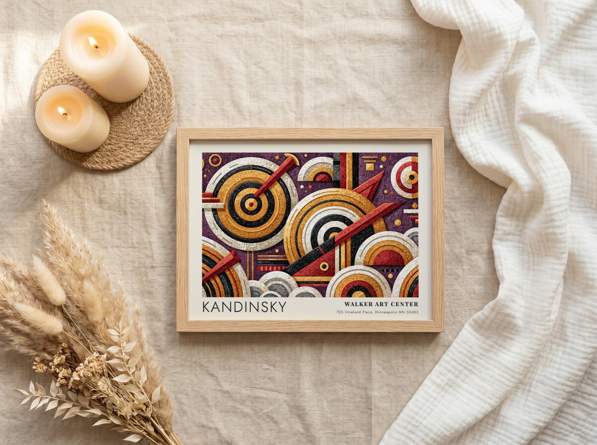 Wall art poster featuring Kandinsky's Auf Weiss II geometric abstract design in gold purple