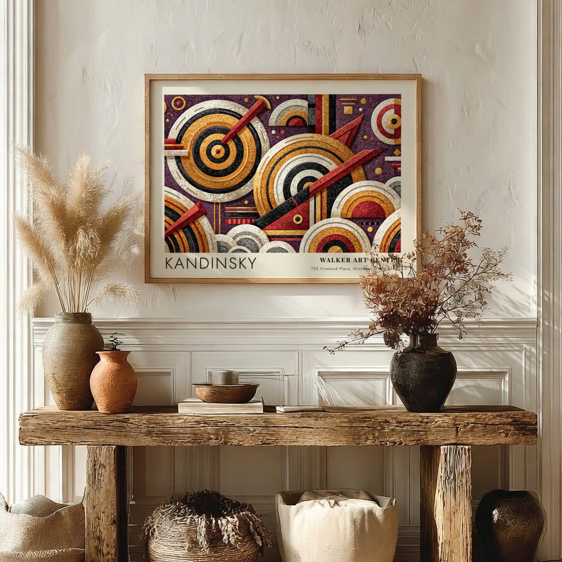 Wall art poster featuring Kandinsky's Auf Weiss II geometric abstract design in gold purple