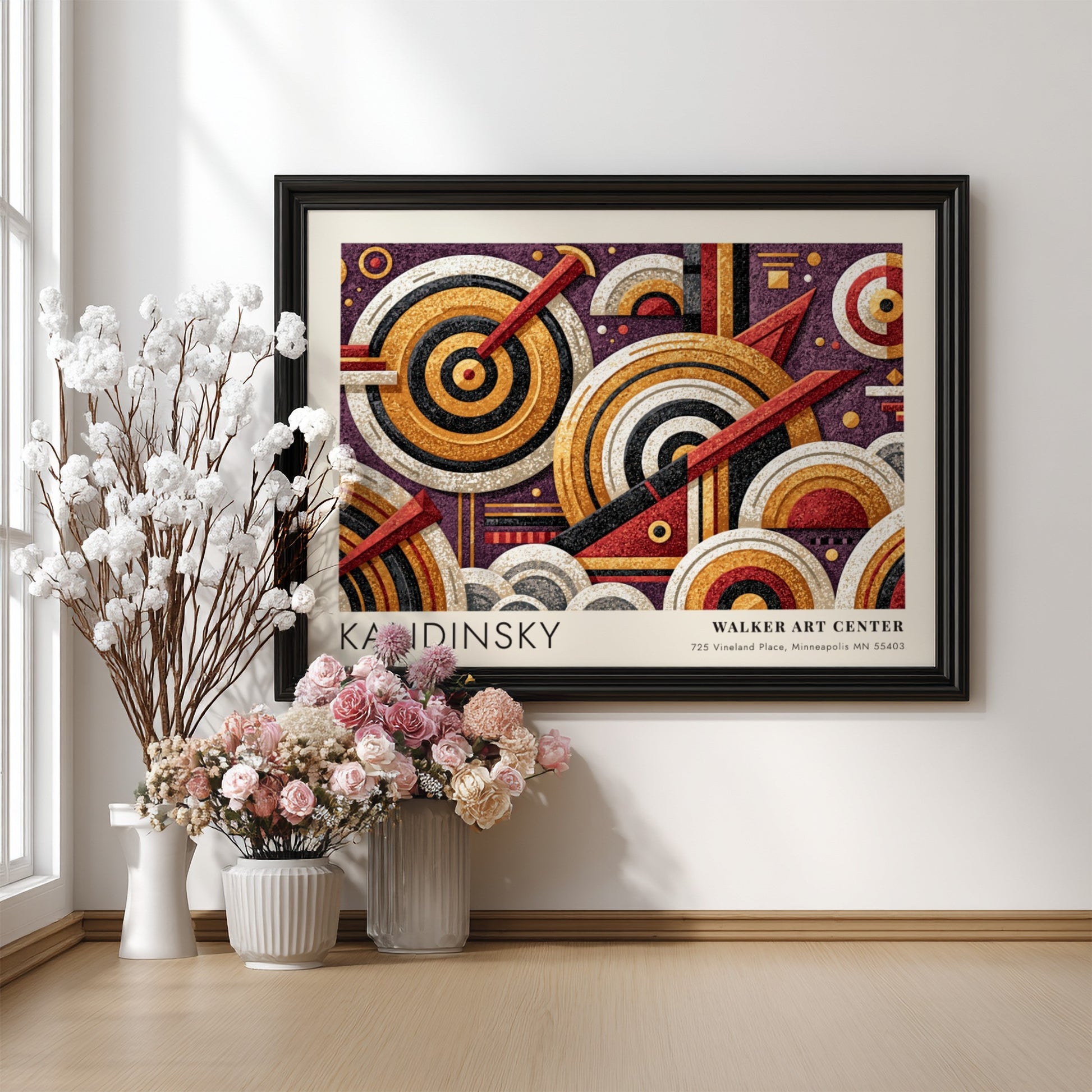Wall art poster featuring Kandinsky's Auf Weiss II geometric abstract design in gold purple