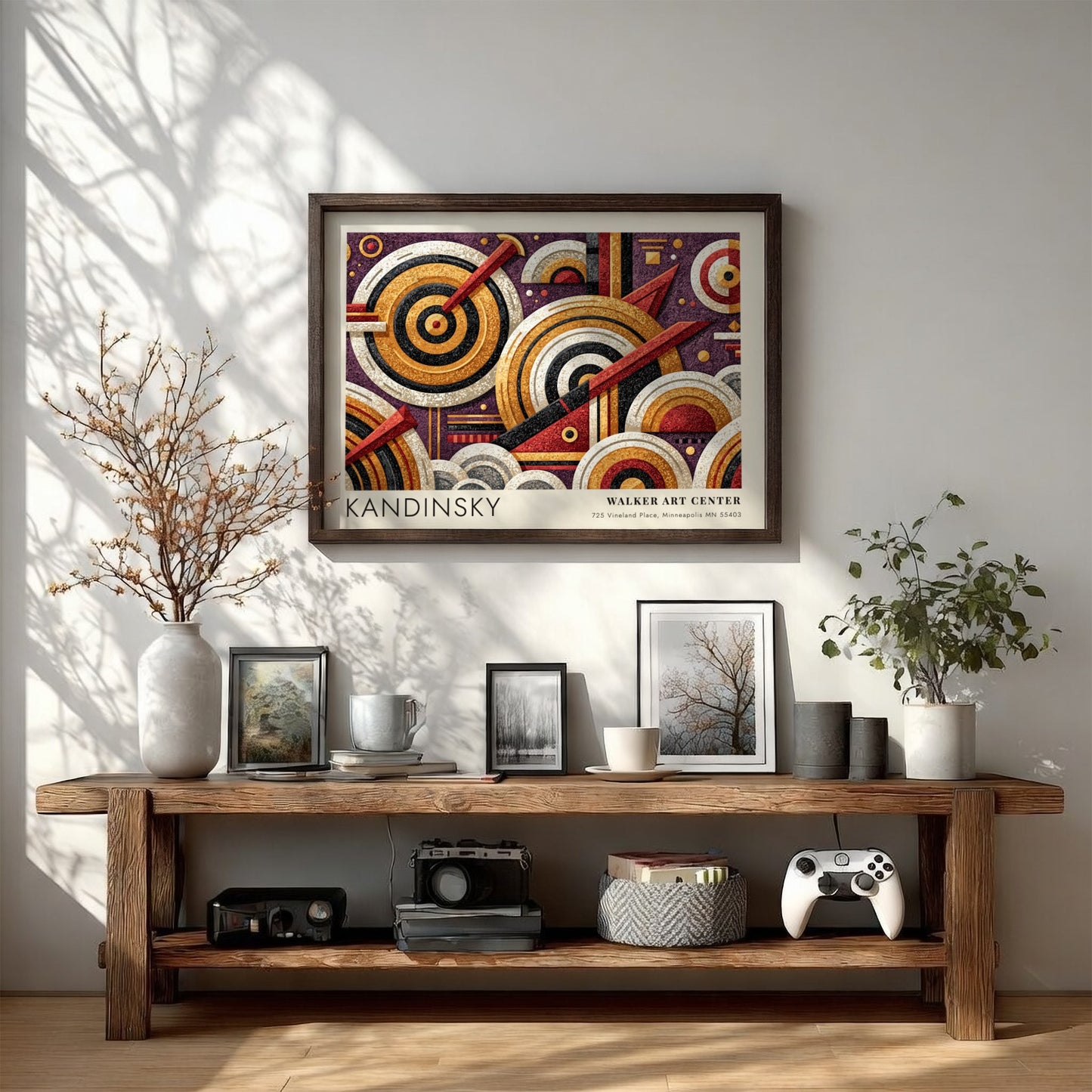 Wall art poster featuring Kandinsky's Auf Weiss II geometric abstract design in gold purple