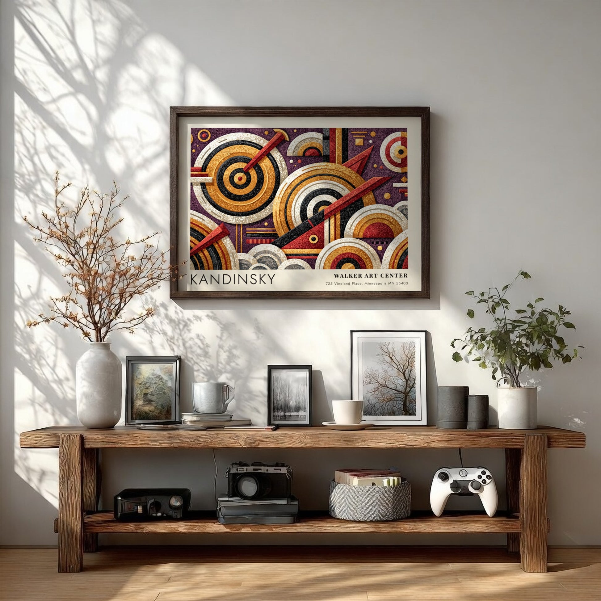 Wall art poster featuring Kandinsky's Auf Weiss II geometric abstract design in gold purple