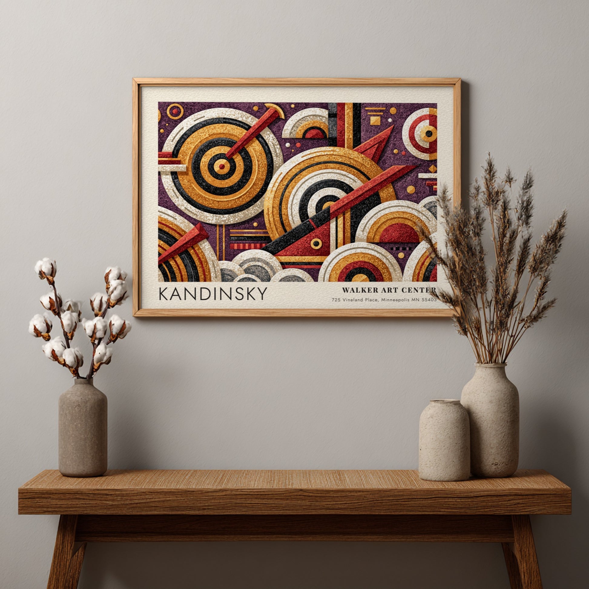 Wall art poster featuring Kandinsky's Auf Weiss II geometric abstract design in gold purple