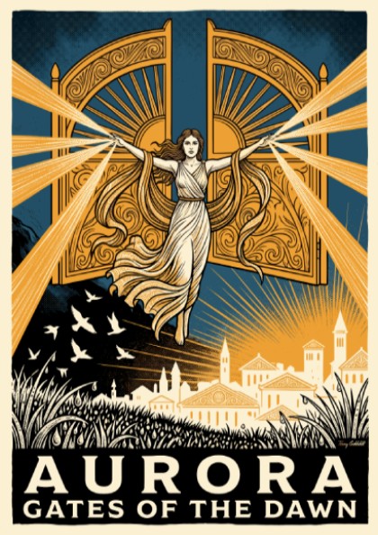 Poster featuring a mythological goddess opening golden gates over a town at dawn